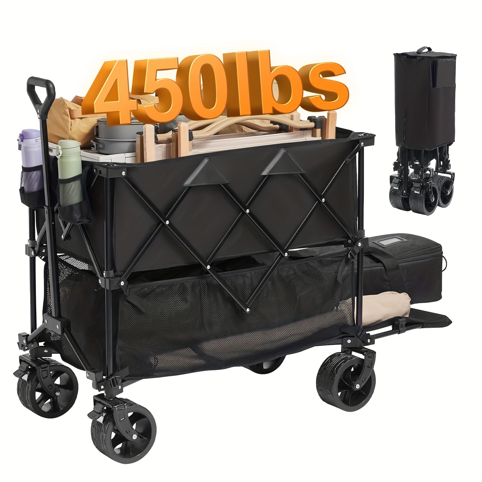 

Foldable Wagon, 400l Collapsible Wagon Cart With All-terrain Wheels, Heavy Duty Folding Wagon Cart 450 Lbs Weight Capacity For Camping, Shopping, Garden, 52" Extra Long Extender