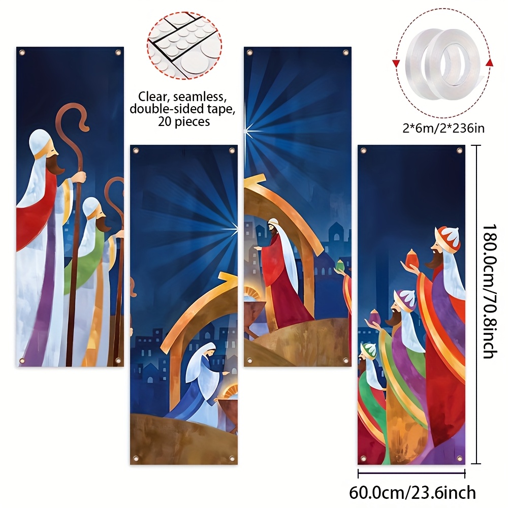 TEMU 2d Flat, 2d Flat Banner, 4pcs Christmas Eve Themed Banner, 3 Worship Manger Birth Background Design,, Suitable For Christmas New Year Christian