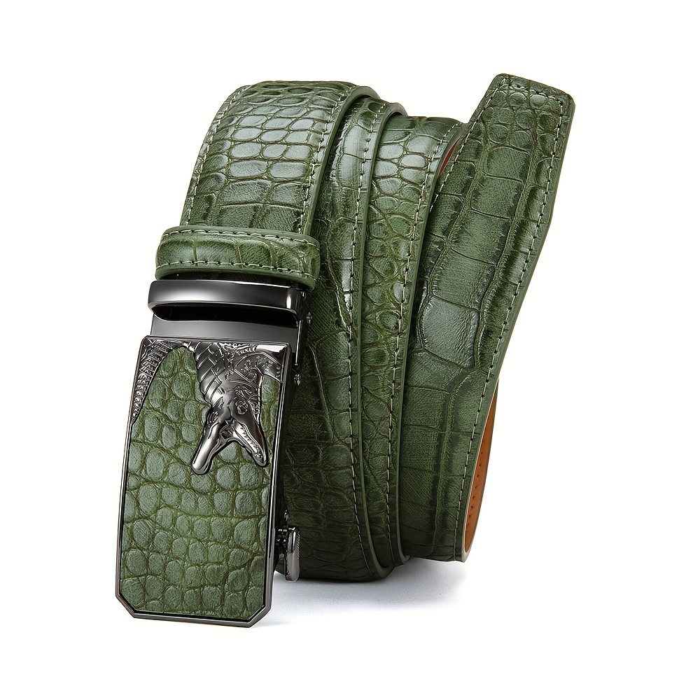 

1pc Men's Crocodile Pattern Leather Ratchet Belt - Micro Adjustable, Automatic Alloy , Green, Casual Wear