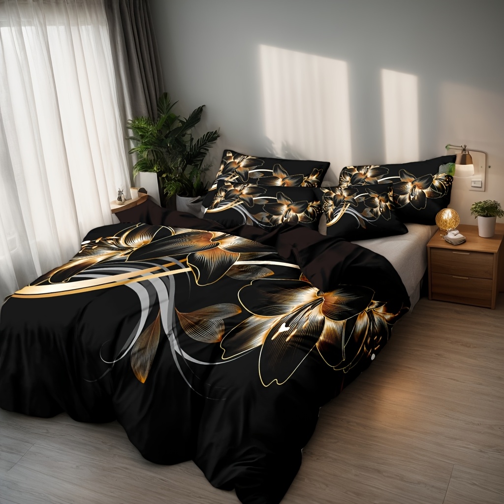 TEMU 3 pièces Housse de Couette, 1 Housse de Couette + 1/2 Taies d'Oreiller, Garnissage, Ensemble de Literie Moderne et Luxueux à Imprimé Floral Noir