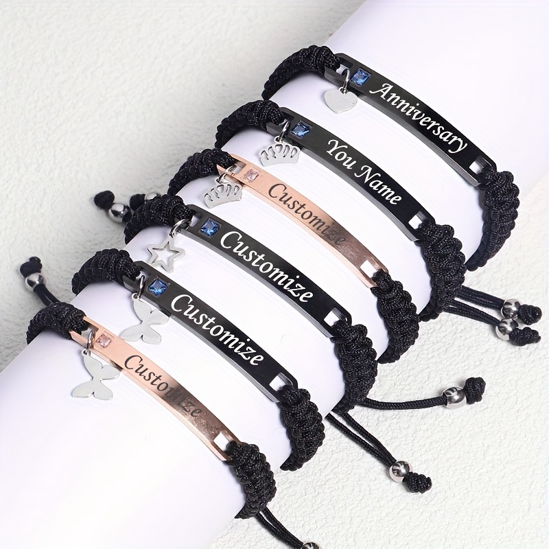 

Custom Engraved Couple Bracelets, Handwoven Macrame Friendship Bands With Artificial Crystal & Butterfly Charm, Elegant & Cute Personalized Text Diy Gifts For Valentine's Day - All Seasons Suitable