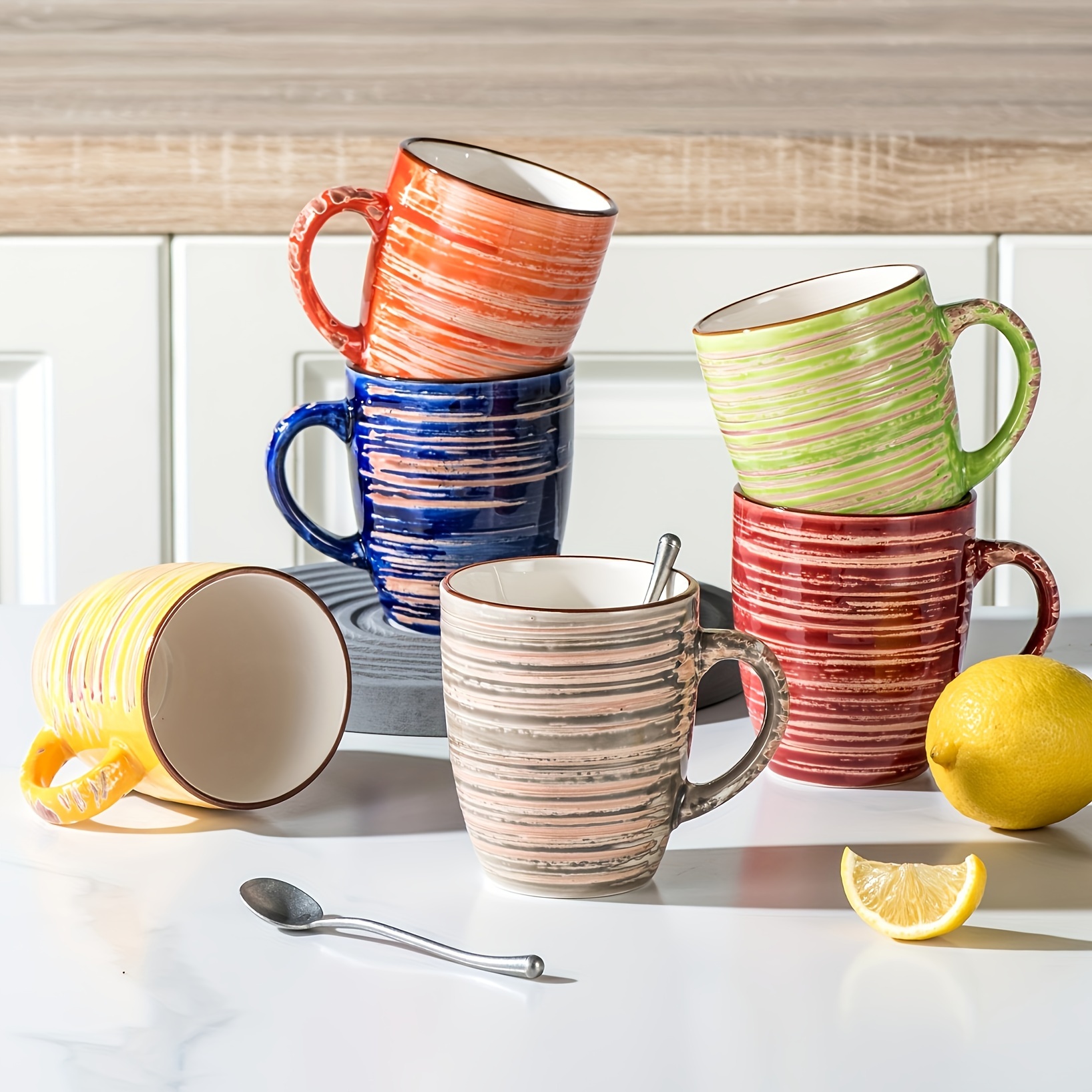 E-shop Tassen Set mit 6 Stück, Mehrfarbig Rustikaler Chic Stil Keramik Kaffee Tee Becher Set, Ideal für Kaffee/Tee/Heiße