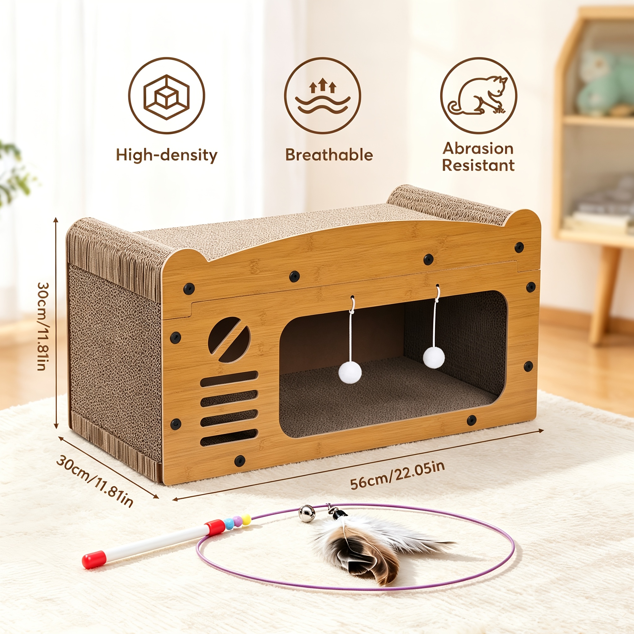 TEMU 3-in-1 Large Cat House With Cat Teaser Toy, Cardboard Cat Bed And Scratch Board With Scratching Posts For Claw Care, Hiding, Lounging, Built-in