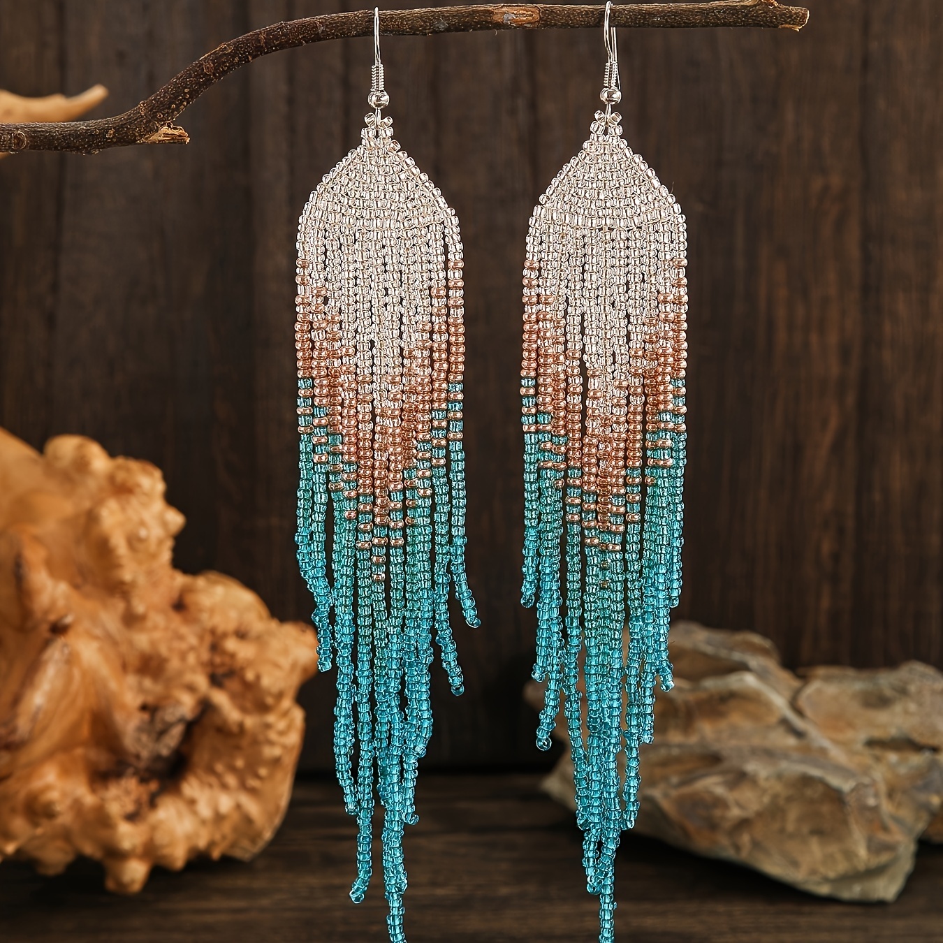 1 Pair Bohemian Style Handmade Beaded Rhombus Long Tassel Dangle Bead Earrings Suitable For Women' Wear