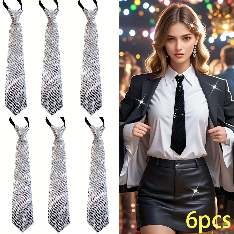 Image of 6pcs Sequin Zipper Ties For Men And Women, Universal Neckties For Parties, Stage, Street Dance, Dance, Magic Performances, And Stage Performances