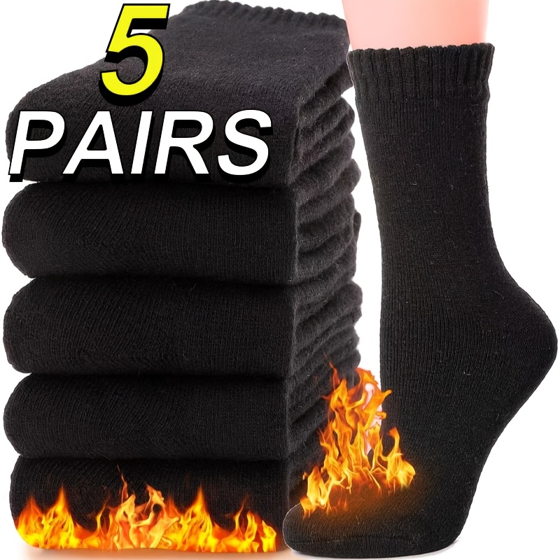 5 Pairs Women's Thick Warm Socks, Winter Soft And Plush Mid-calf Solid Color Socks | Outdoor Home Sports Office Socks, Elastic Cuff Socks, Support Black