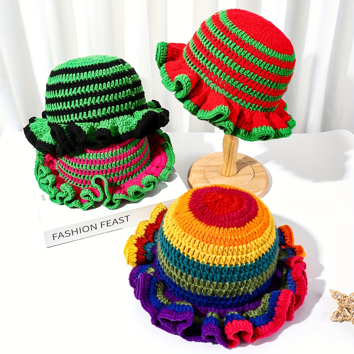 

Hand-crocheted Colorful Bucket Hat For Women, Seasonal Fashion Elastic Breathable Fabric With Brim, Hand-washable Unique Festive Headwear - Ideal For Christmas