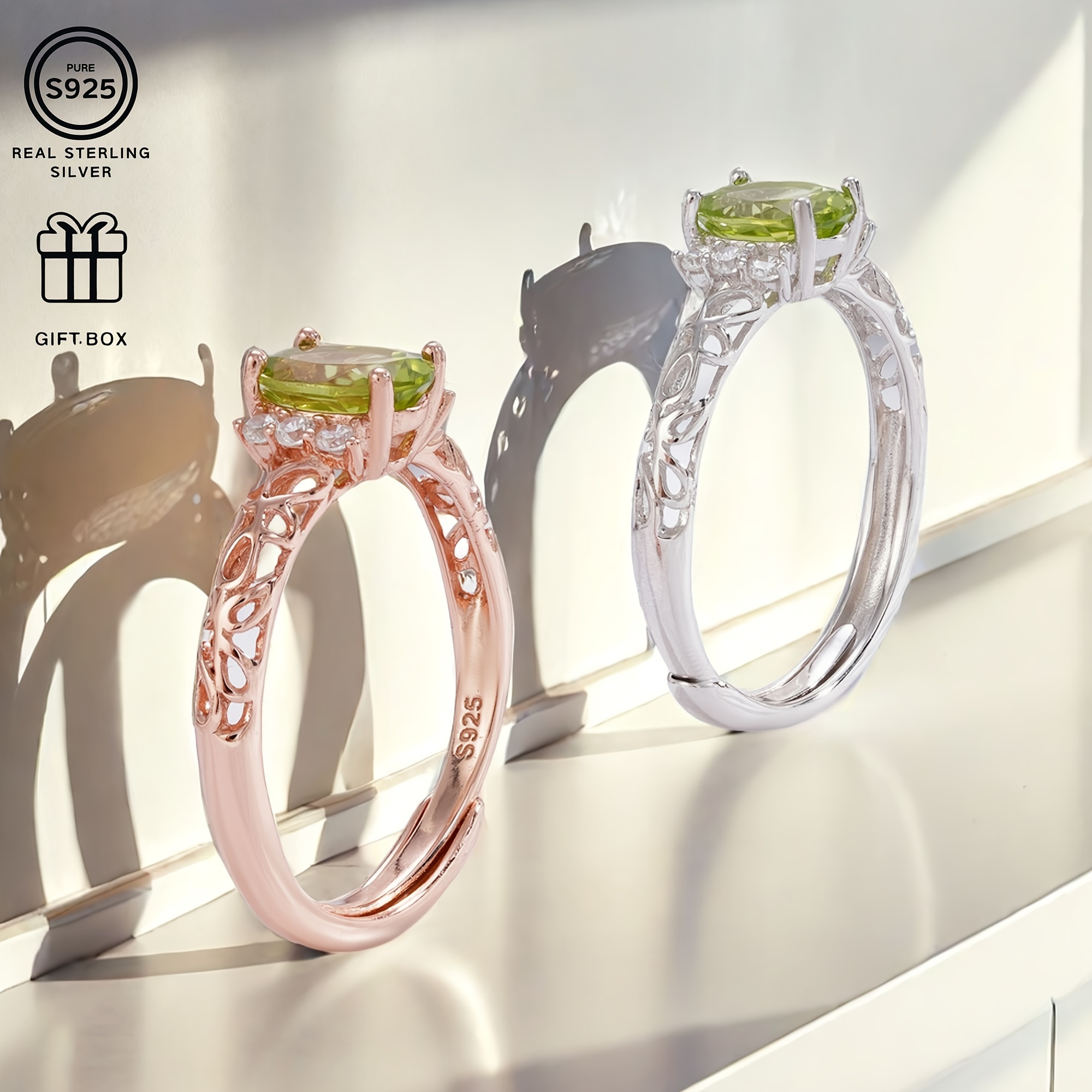 925 Silver Ring w/ Natural Gemstone Plated Hollow Pattern Lightweight