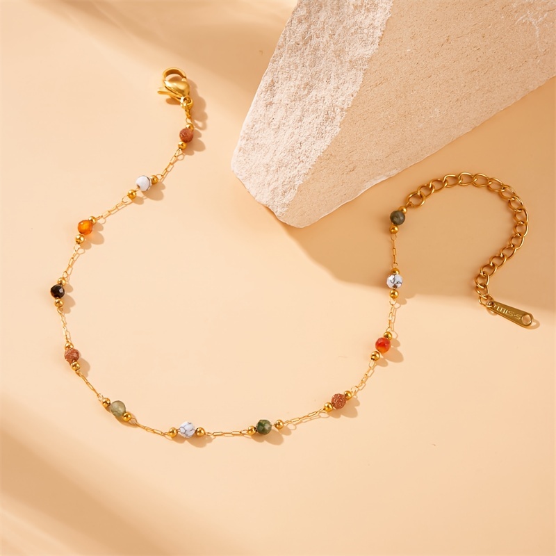 A New Minimalist Trend in Women'S Jewelry, This Stainless Steel Bracelet Features Colored Beads And a Durable Golden End, Making It a Perfect Gift