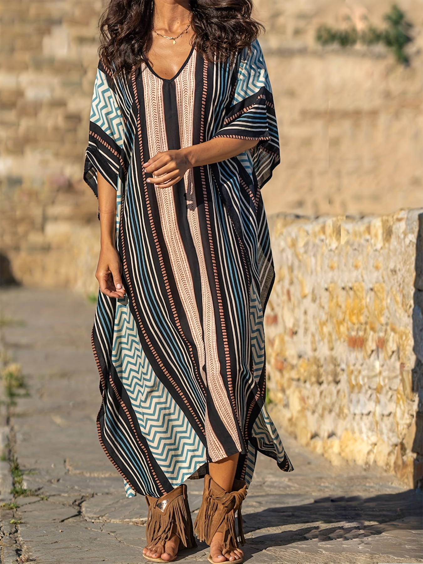 plus size plus size ladies long striped v neck dress a - Temu Mauritius