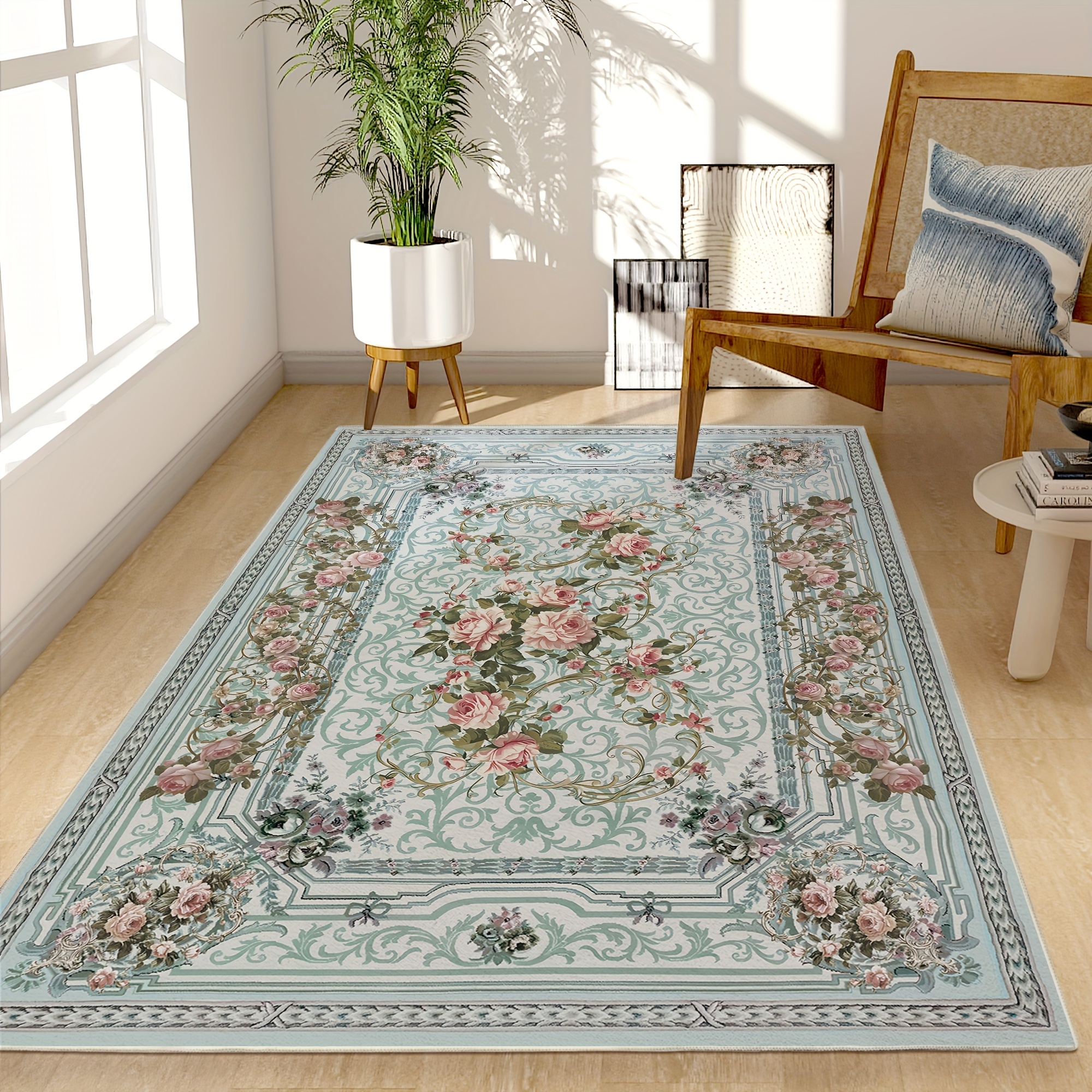 

Machine Washable Floral Persian Area Rug - Tufted Polyester Entryway Mat With Non-slip Vinyl Backing, Lightweight, Low Pile Carpet For Living Room, Bedroom, Office - Indoor Rectangle Floor Rug