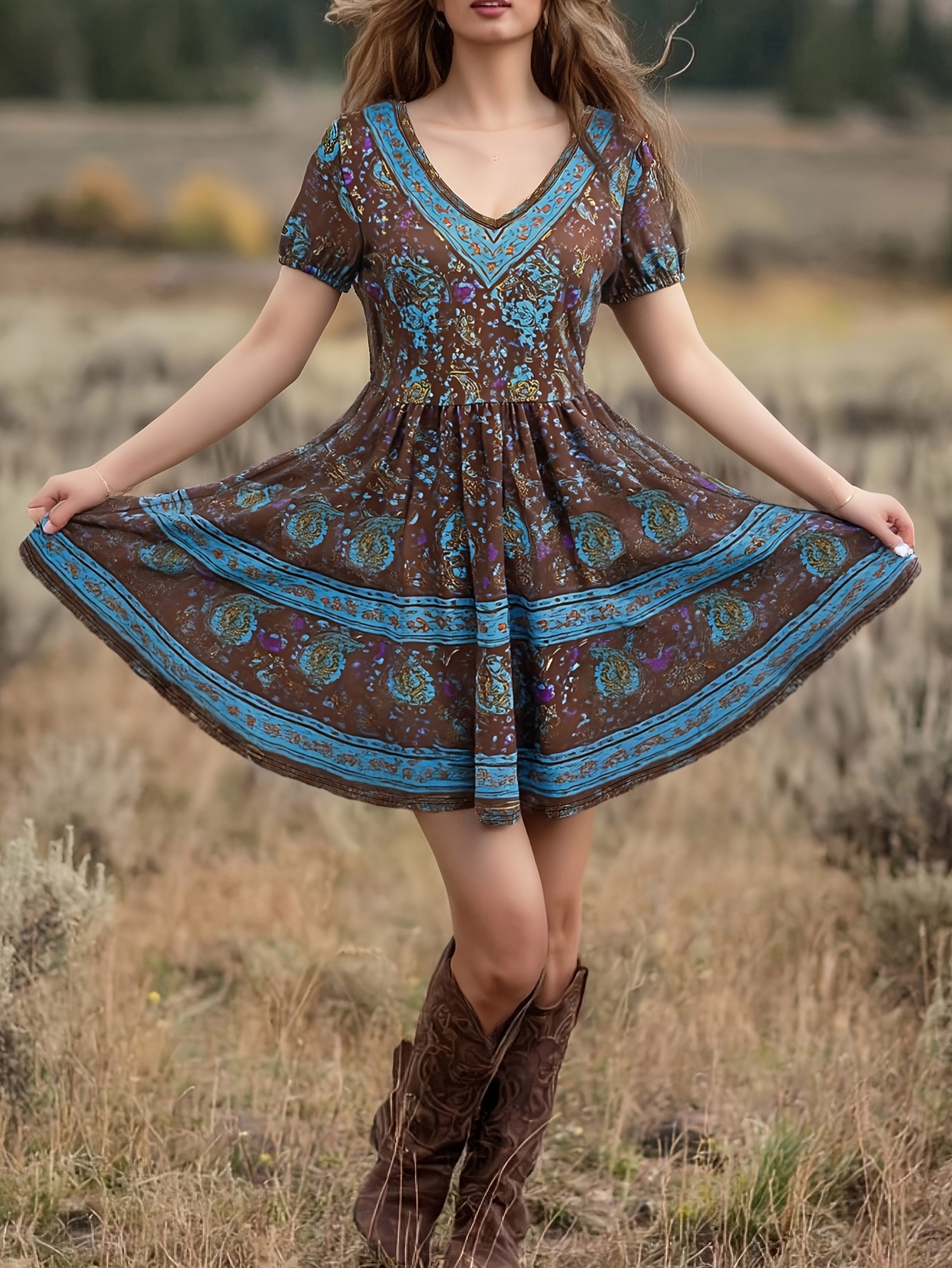 princess polly baby blue dress Soul Of Sita Amelia Folk Print Mini Dress With Wood Block Print On Cot main image 1