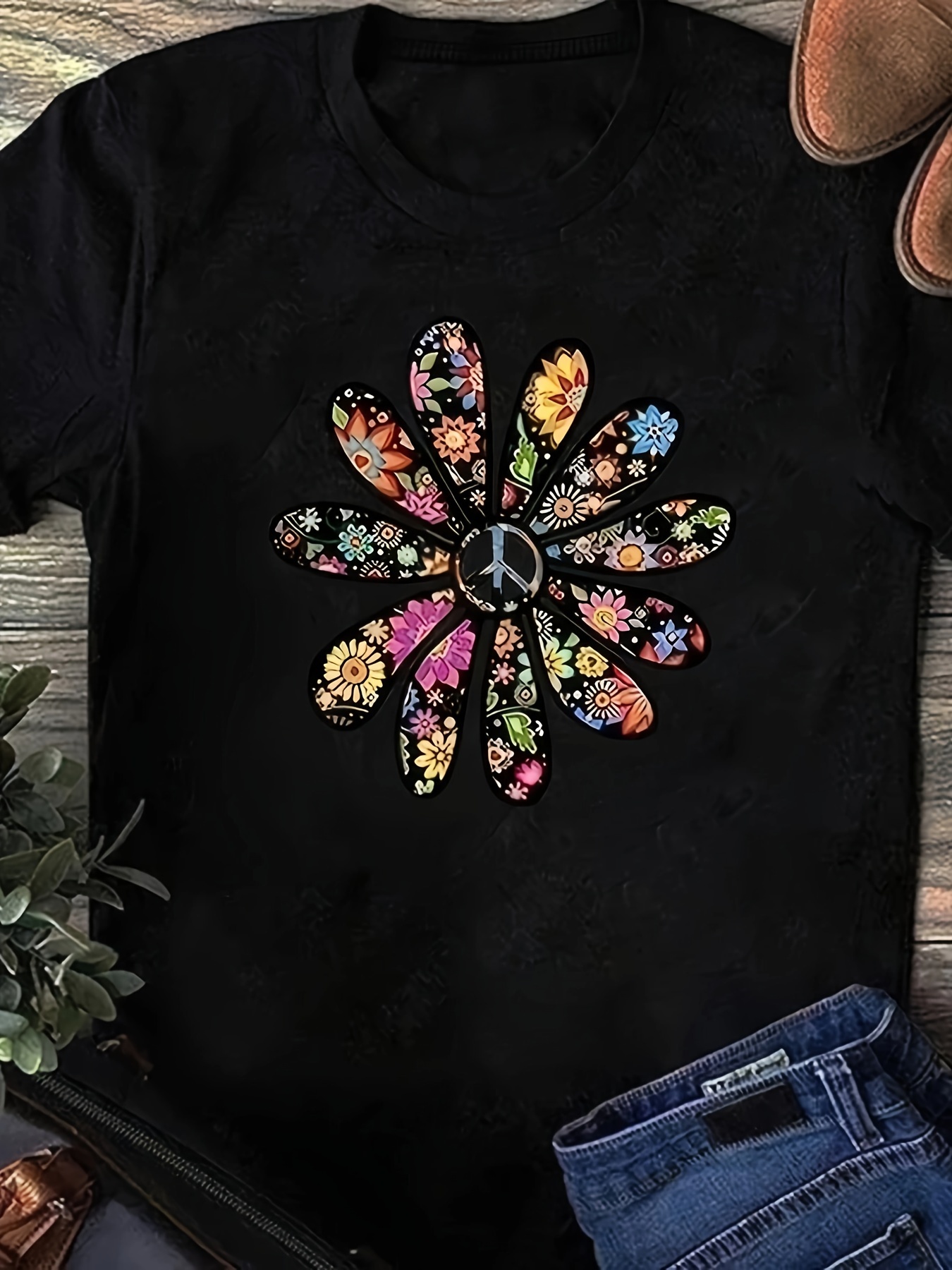 Women's Casual Short Sleeve T-Shirt - Vibrant Orange Geometric Floral Print, Relaxed Fit Round Neck, Machine Washable Summer Top, Soft Texture Shirt