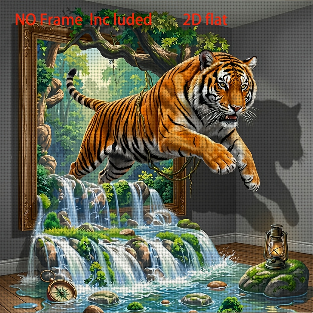 TEMU 1pc New Diy Cross- Printed Kit, Frameless, "tiger Leaping Out Of A Waterfall Frame" Pattern, Beginners' Relaxing Craft Time, Allowing You To
