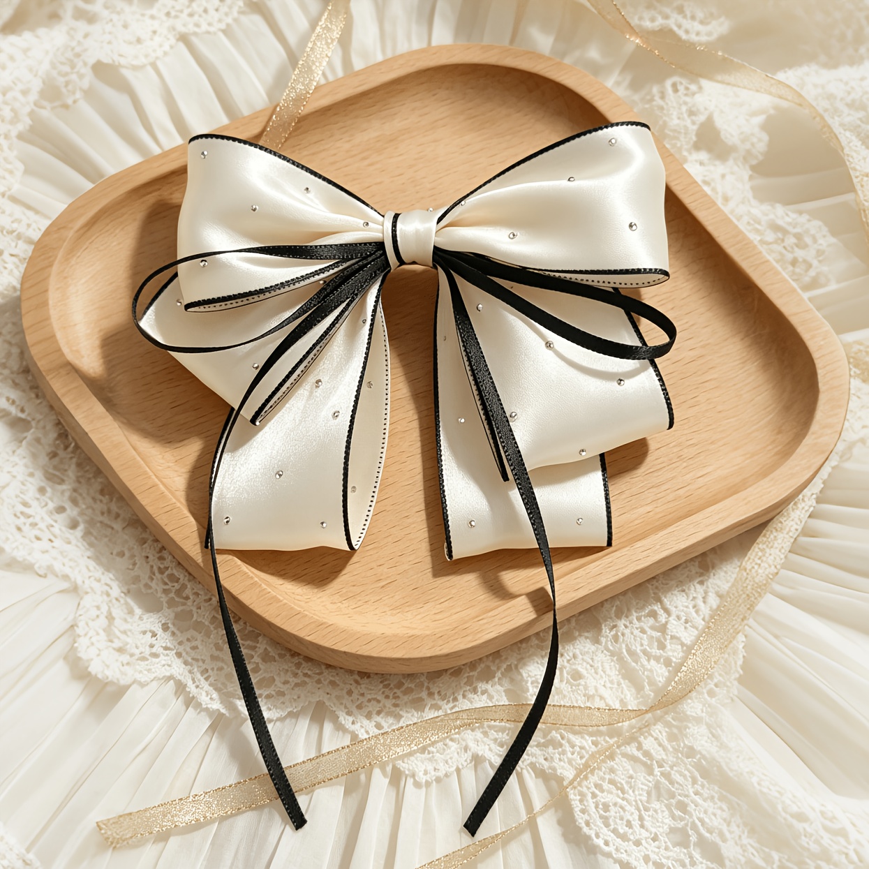 TEMU 1pc Rhinestone Cream Satin Bow Hair Clip Long Ribbon Streamer Elegant Hair Accessory