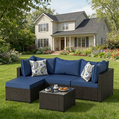 5pcs patio furniture sets all weather outdoor sectional patio sofa manual weaving pe wicker rattan sofas with cushion and glass table with toss pillows back cushions seat cushions metal frame with pe wicker
