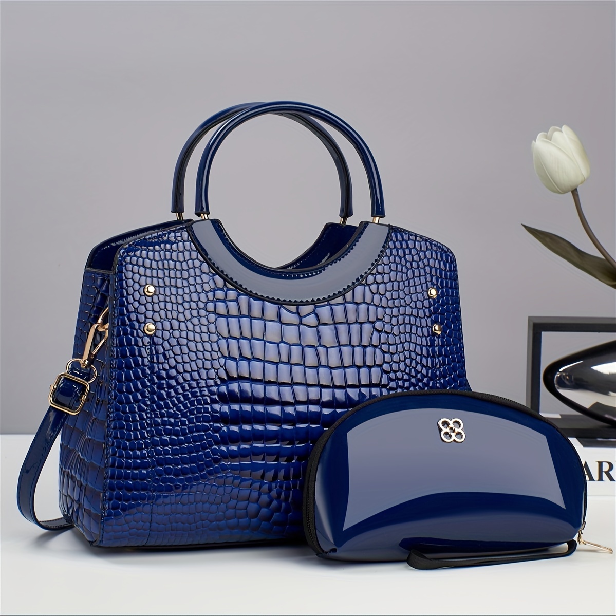 

2024 New 2-piece Set Pu Leather Handbag & Clutch Zipper Purse, Crocodile Embossed, Fashion Commuter Bags For Women