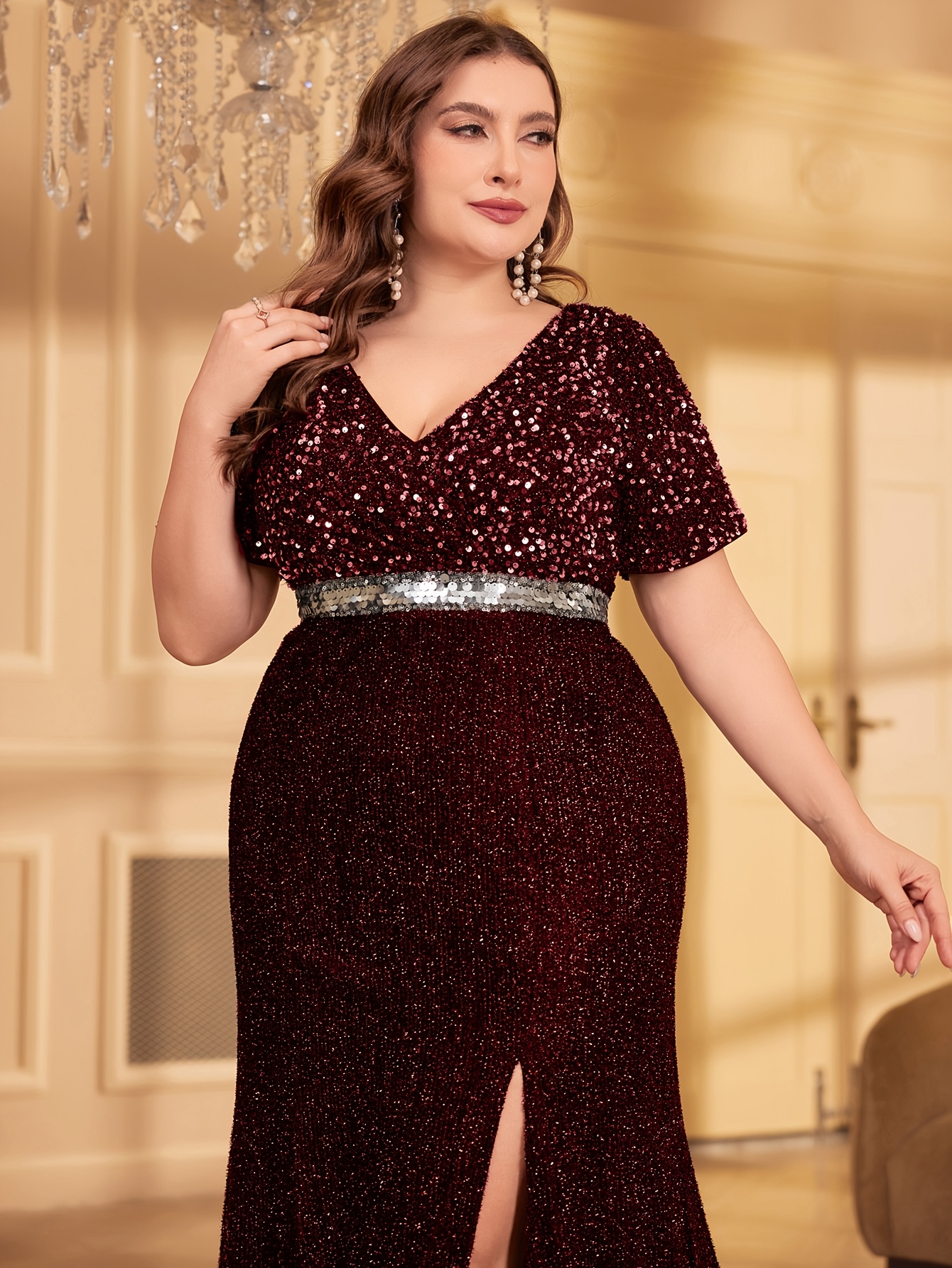 chinese dress ladies Gold Plus Size Maxi Sequin Dress