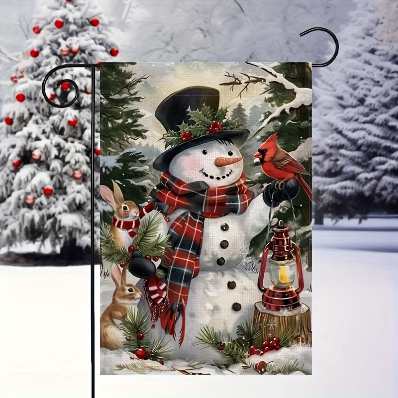 

Double-sided Winter Wonderland Flag: Festive Snowman, Rabbits, And Red Birds - Perfect For Christmas And New Year's Outdoor Decorations (no Pole Included)