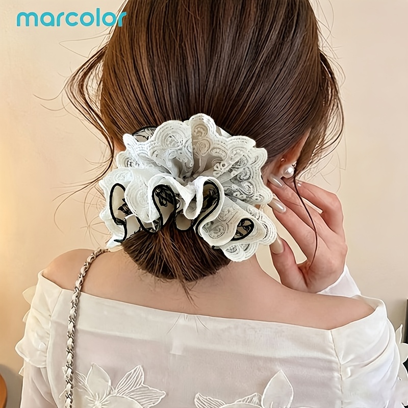 TEMU Marcolor Oversized Vintage Lace Floral Tie Scrunchie, Featuring Cream Base With Black Floral Patterns And A Thick, Highly Elastic Inner Band. It