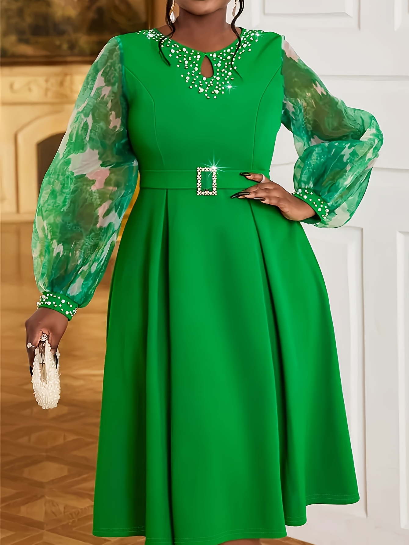 slim fit dress slacks Light Green Embroidered Tulle Dress Prom Dress Puffy Long Sleeve US10 / As Picture main image 1