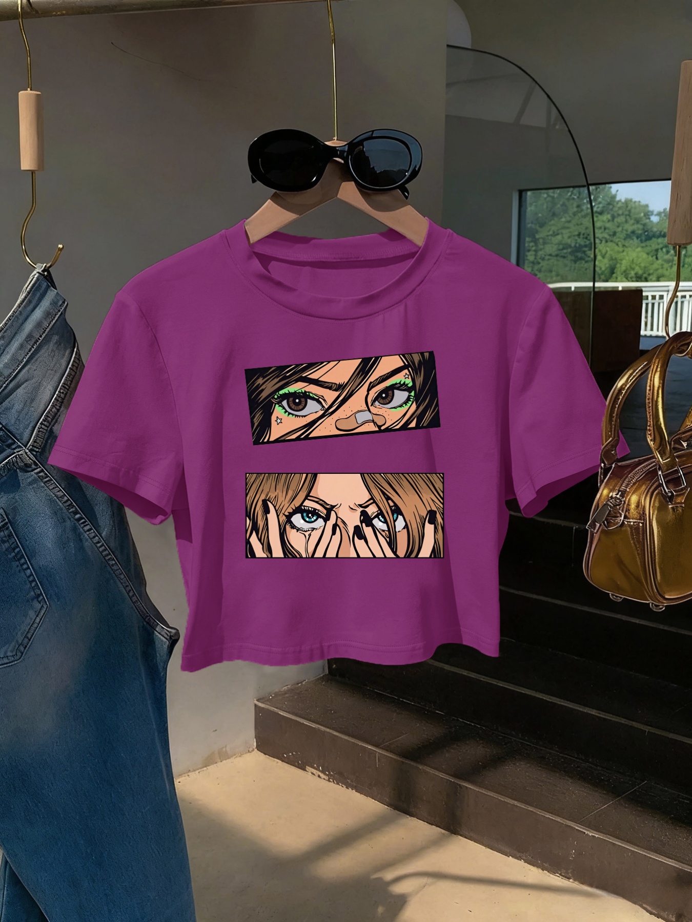 Women s Short Sleeve Crop Top - 2D Anime-Style Graphic Print with Vivid and Unique   Eyes, Casual Personality, Ultra-Short T-Shirt, Suitable for  ,   in Multiple Colors and Sizes,  , Vintage Aesthetic