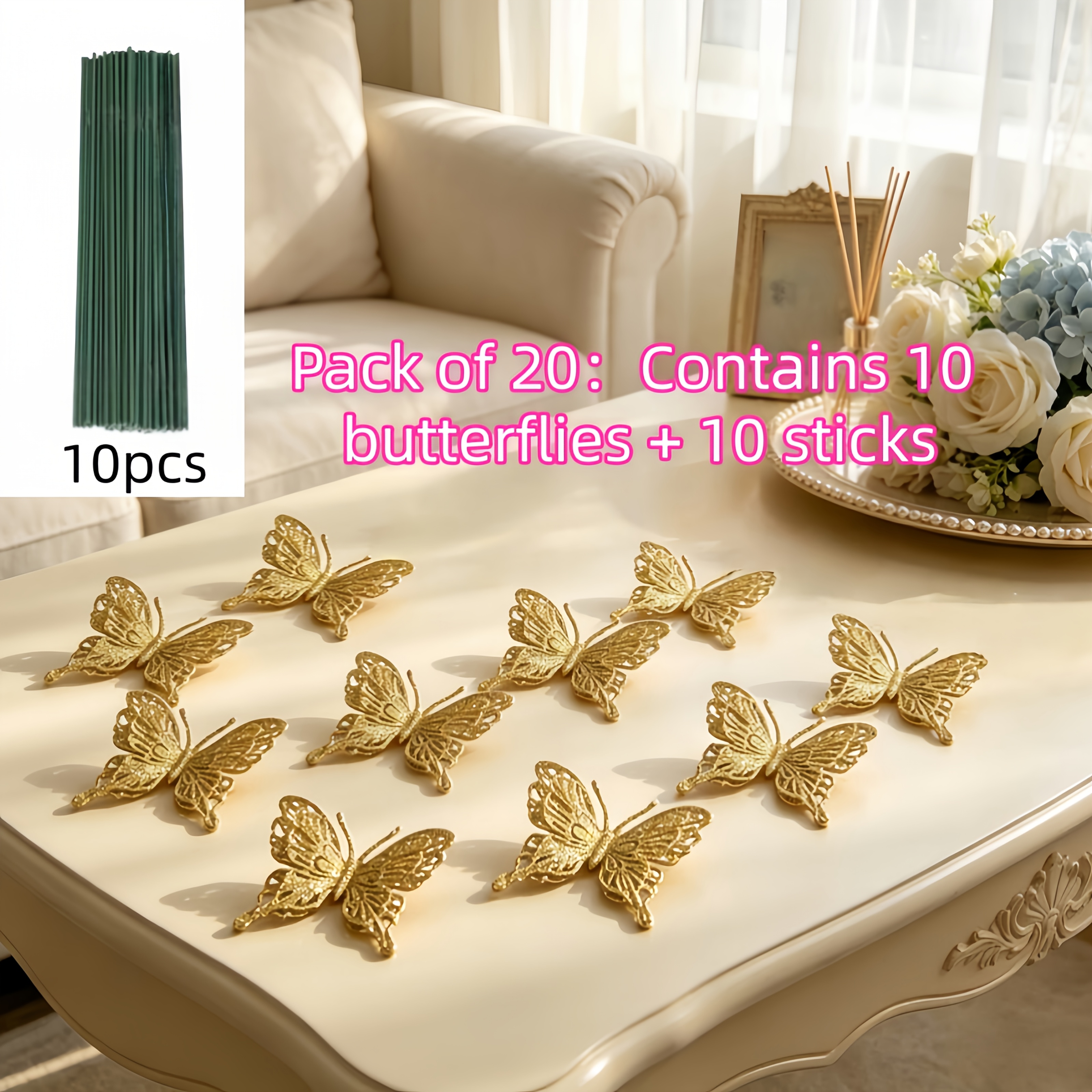 TEMU 10pcs Artificial Hollow Glitter Pendants With Rods, Lightweight Three-dimensional Diy Decorations, For Christmas Trees/wreaths, Gift Boxes,