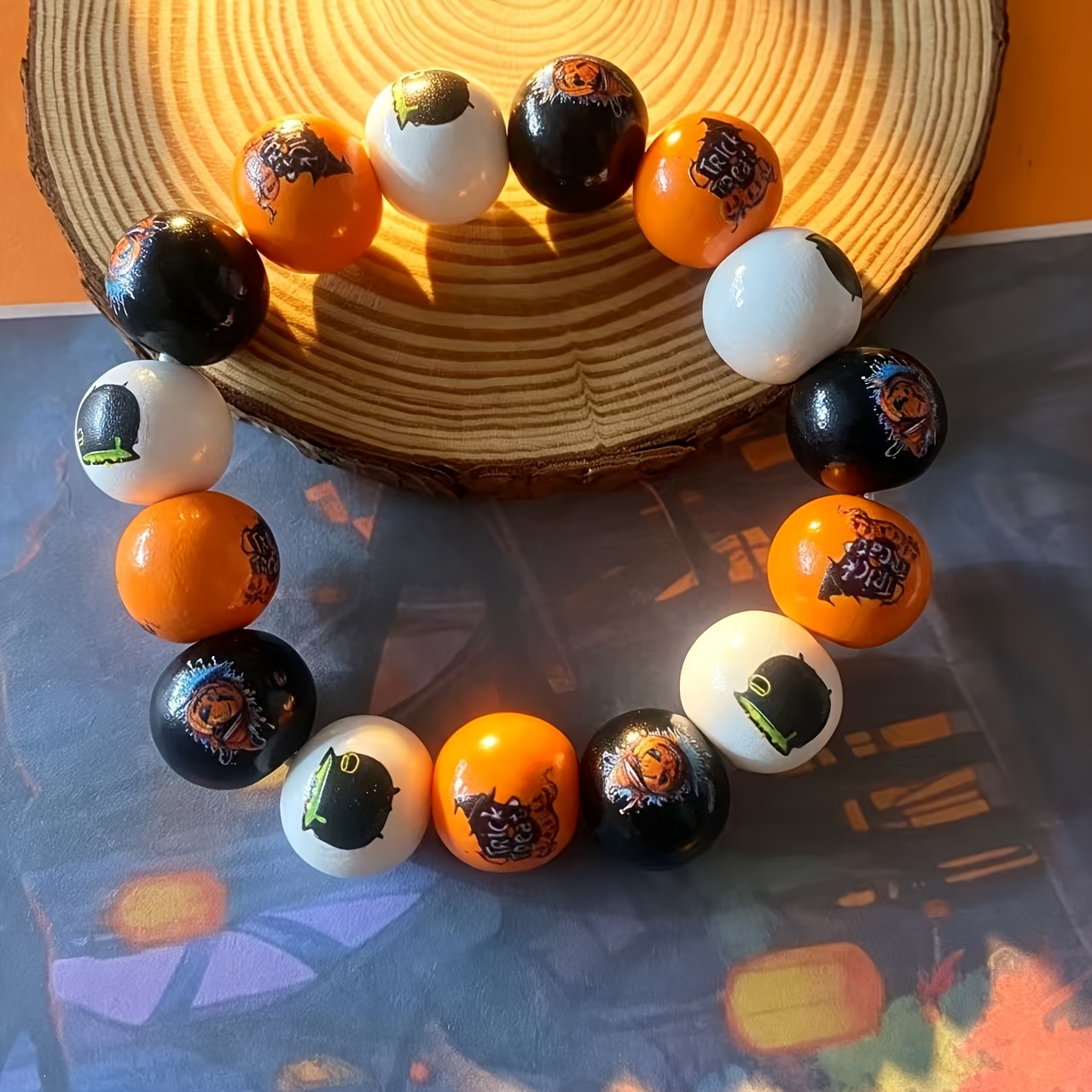Halloween Wooden Bead Stretch Bracelet with Witch Hat & Pumpkin