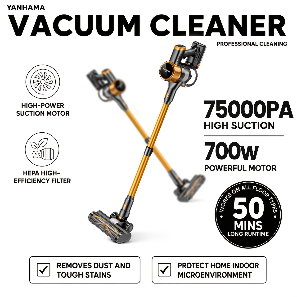 Image of 2026 Yanhama Cordless Vacuum Cleaner, 75kpa High Suction Rechargeable Stick Vacuum, 700w Brushless Motor, Hepa Filter Dust Empty, Lightweight Vacuum For Pet Hair Hard Floor Tile, Self Standing