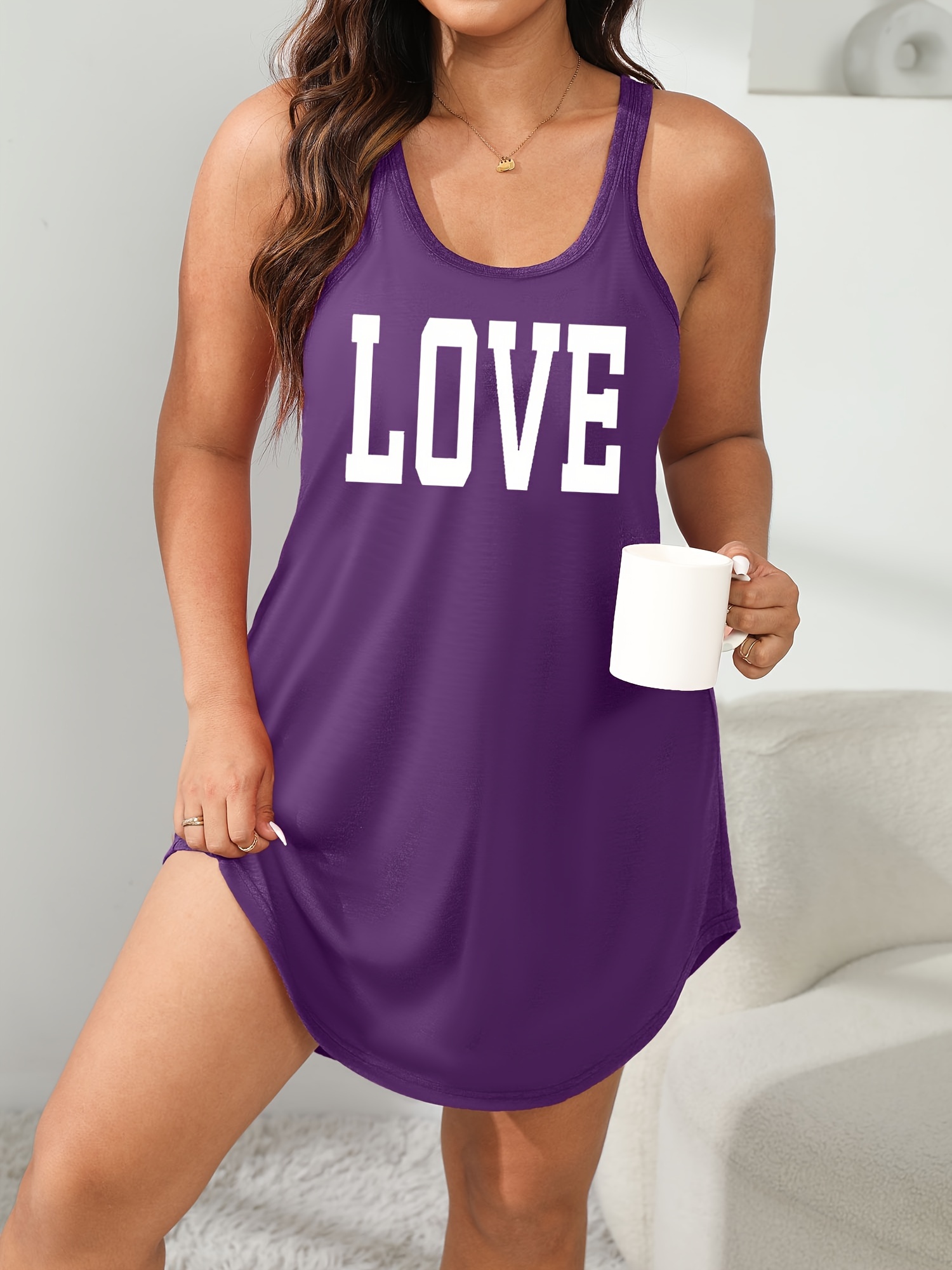 Plus Size Women's LOVE Print Sleeveless Sleep Dress - Olive Green Lounge Nightgown, Machine Washable All-Season Comfort, Casual Loungewear & Sleepwear