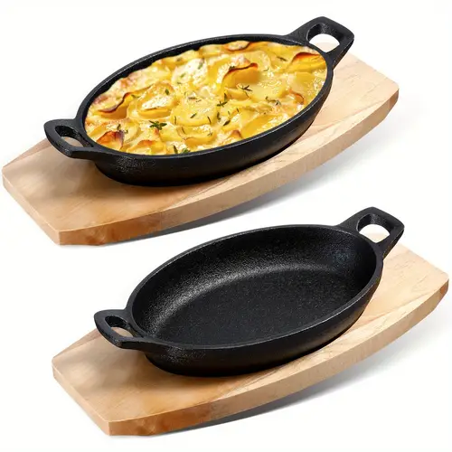2 sets cast with wooden base mini cast iron plates cast iron bakers matte black small cast iron pan for kitchen restaurant barbecue dinner 8 7 x 4 7 x 1 6 inches