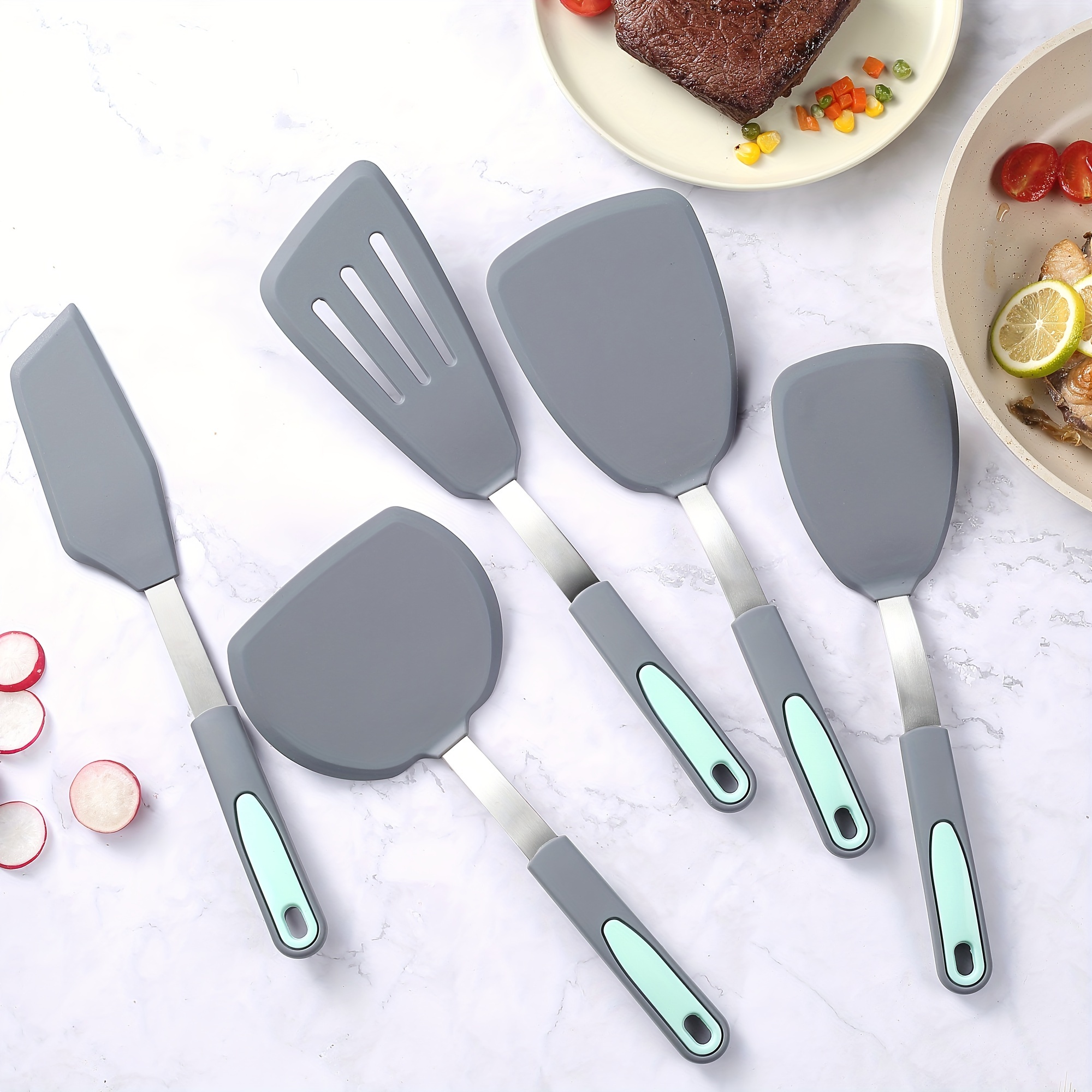 

5 Pieces Silicone Spatula Set, Bpa Free Silicone Turner Spatulas, Heat Resistance Cooking Utensils, Flip Turner For Fish, Egg, Pancake, Light Grey