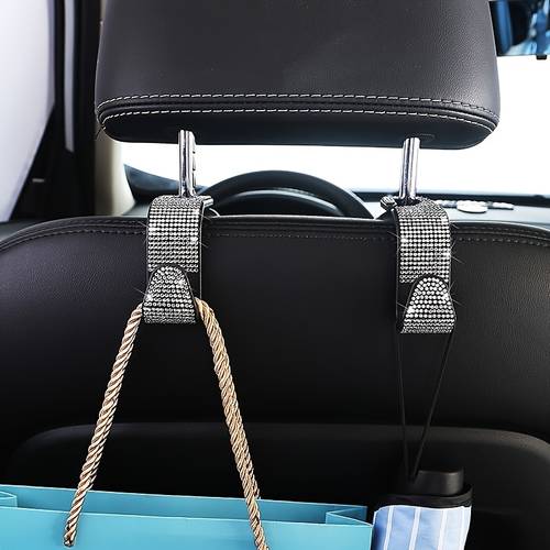 set of 2 sequined diamond studded car back seat headrest hooks handbag holders with adjustable shoulder straps luxurious car interior additions suitable for men and women perfectly fitting handbags wallets