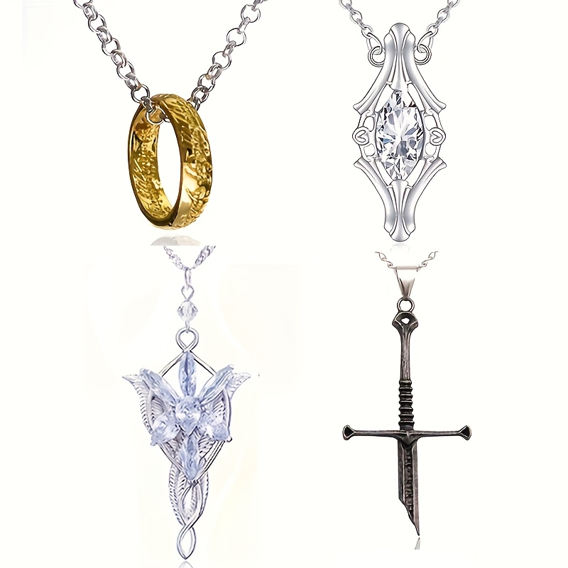 

4pcs Movie Themed Jewelry Set - Ring Of Power/ Sword//princess Pendant Necklaces, Unisex, Vintage & Elegant Style, Synthetic Cubic Zirconia, Alloy, Role Play & Fan Gifts, Wear