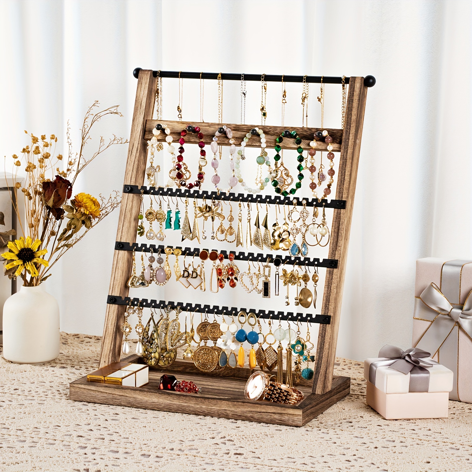 

1pc Earring Holder, 5-tier Ear Stud Holder With Wooden Tray, Jewelry Organizer Holder For Earrings, Necklaces, Rings, Earring Display Stand With 129 Holes