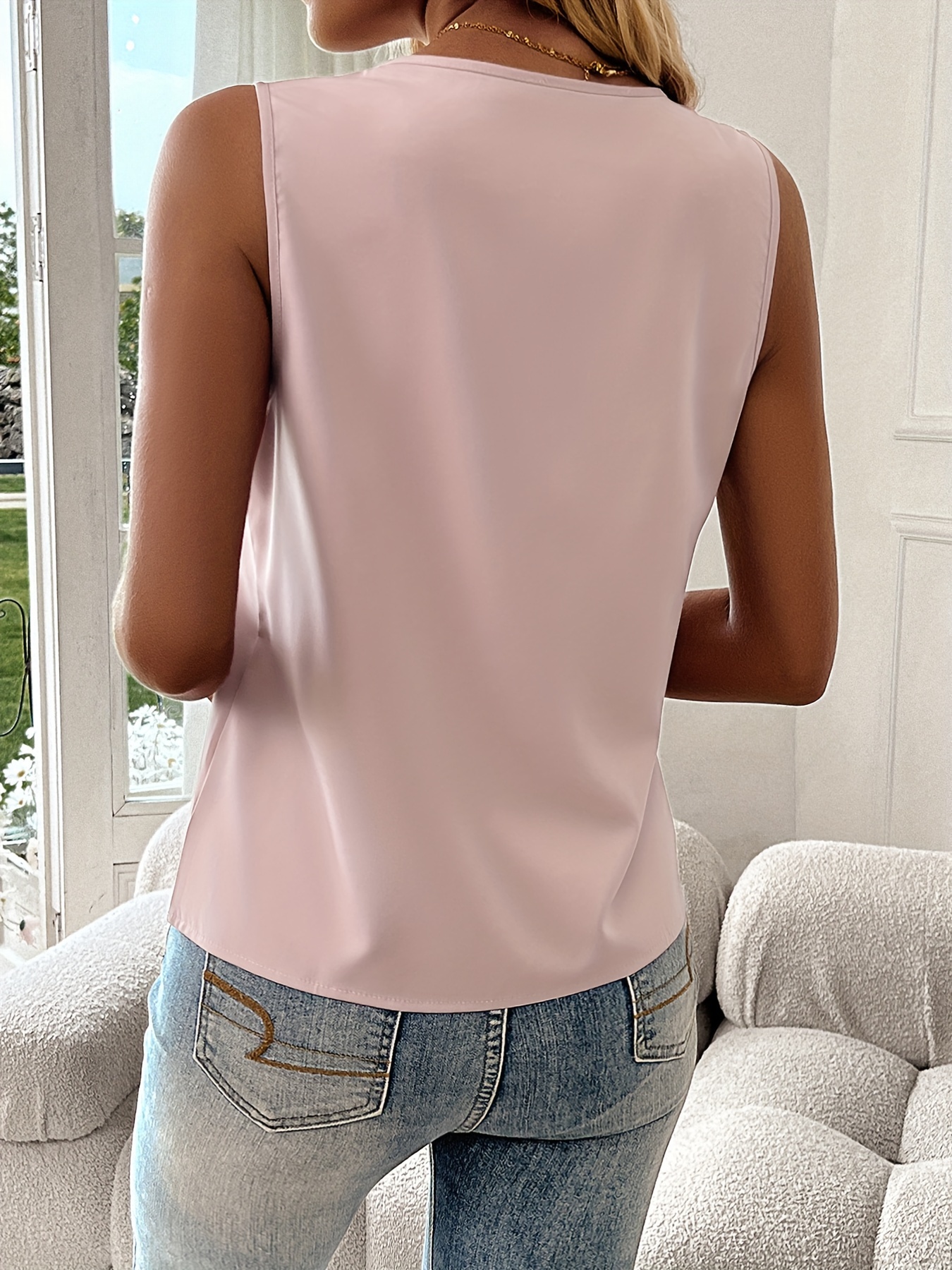 scallop trim v neck tank top elegant sleeveless top spring - Temu 