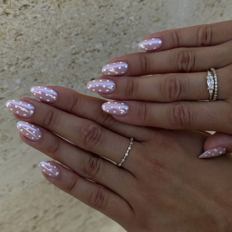 TEMU Coated Flash Almond Nail Art Nail Art White Polka Dot Hot Dressing Armor