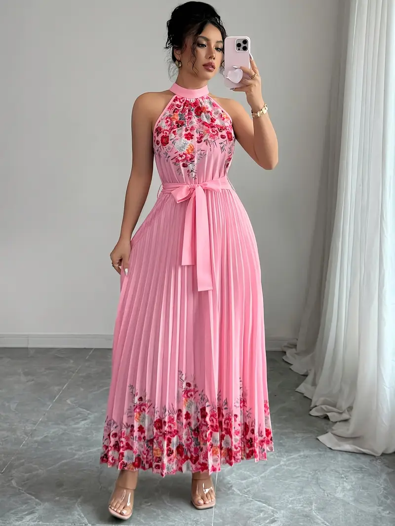 womens elegant floral print sleeveless a line dress vibrant pink round neck machine washable spring summer casual formal wear floral print dress no stretch fabric Product details 0