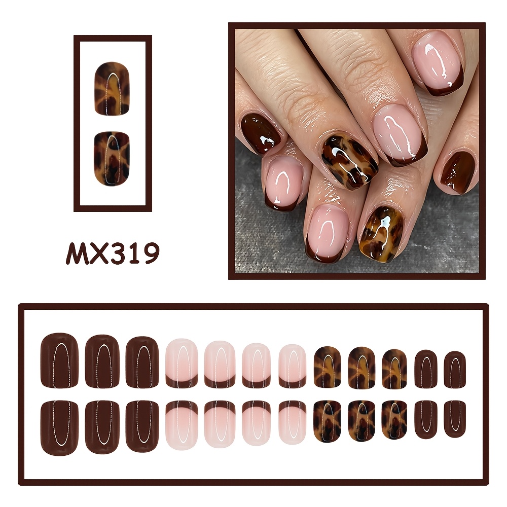 TEMU 24 stuks Herfst Winter Korte Luipaardpatroon Druk-Naai Nagels, Bruine Luipaardpatroon Franse Manicure Nagels, Modieuze Herfst Winter Decoratie