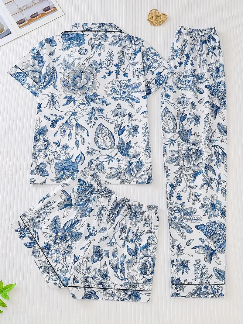 three piece womens elegant polyester pajama set fabric comfortable for short sleeved button top matching shorts and pants with full body printing and pocket details suitable for adult pajama set Product details 1