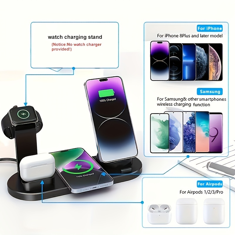 6 in 1 15w wireless charger for fast charging is suitable for iphone iwatch   which can charge 4 phones and one earphone simultaneously there is a stand with watch charging made of abs suitable for desktop work learning and drama use details 3