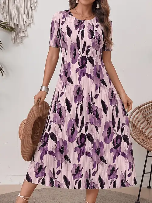 Women's Floral Print Stretchy Midi Dress - Short Sleeve A-Line Pleated Skirt, Round Neck Machine-Washable Summer Dress for Casual & Semi-Formal Occasions Women's Floral Print Stretchy Midi Dress - Short Sleeve A-Line Pleated Skirt, Round Neck Machine-Washable Summer Dress for Casual & Semi-Formal Occasions