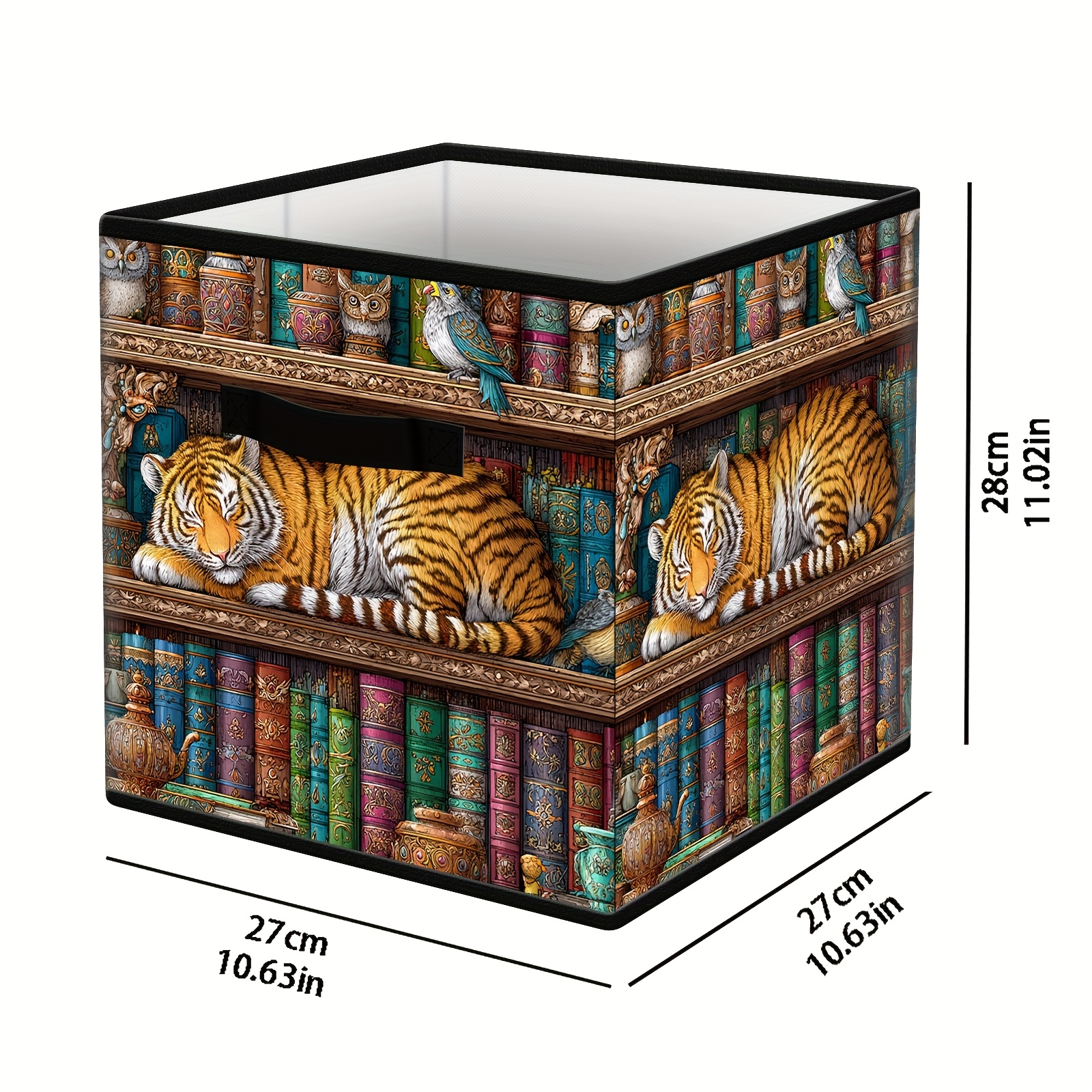 TEMU 1pc Foldable Storage For Box - Sturdy Collapsible Storage Basket With Handles, Tiger And Book Owl Parrot Storage Basket. Dimensions: