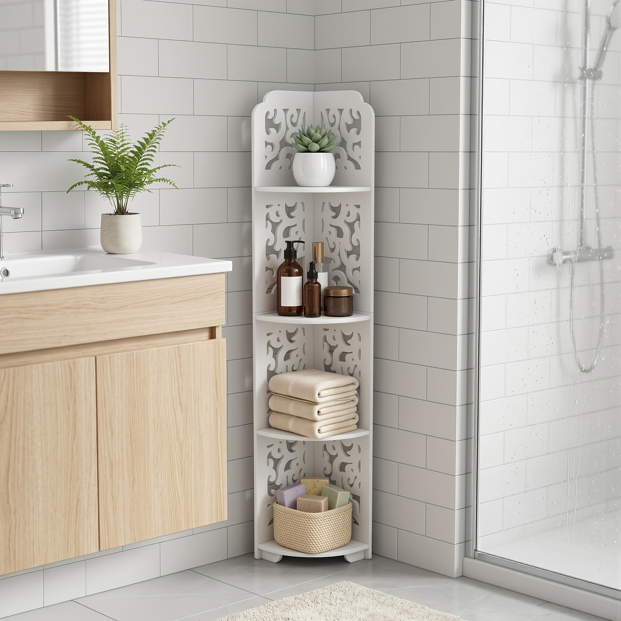 Image of 4-tier Large Storage Bathroom Shelves, Space-saving Narrow Corner Shelves, Baroque Hollow Carved Water-resistant Corner Shelves, Standing Shelf Units For Kitchen, Bathroom And Living Room
