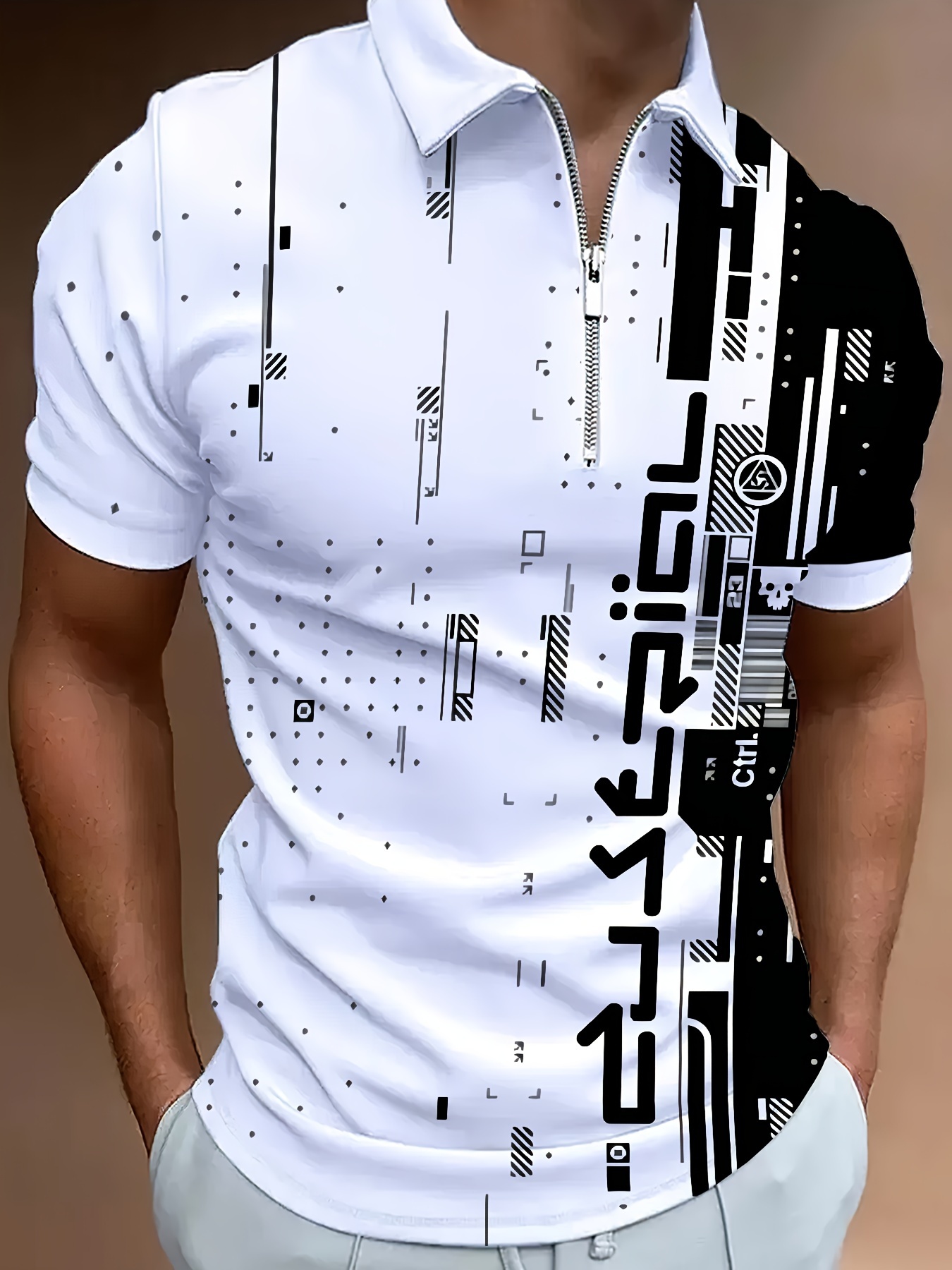 Men'S Plus Size Golf Shirt, Polo Shirt, Short Sleeve, Regular Fit, Fashionable Design, Blended Color, Casual Top with Zipper Detail