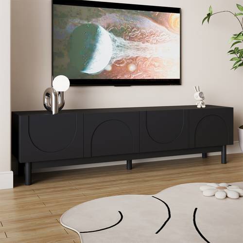 Modern TV Stand with Curved Wavy Doors - Heavy-Duty Bamboo Entertainment Center, Sturdy Legs, Easy Assembly, for Living Room, Home Theater - Console Cabinet, Media Storage Unit, Contemporary Furniture, Build, Storage Shelf, Interior