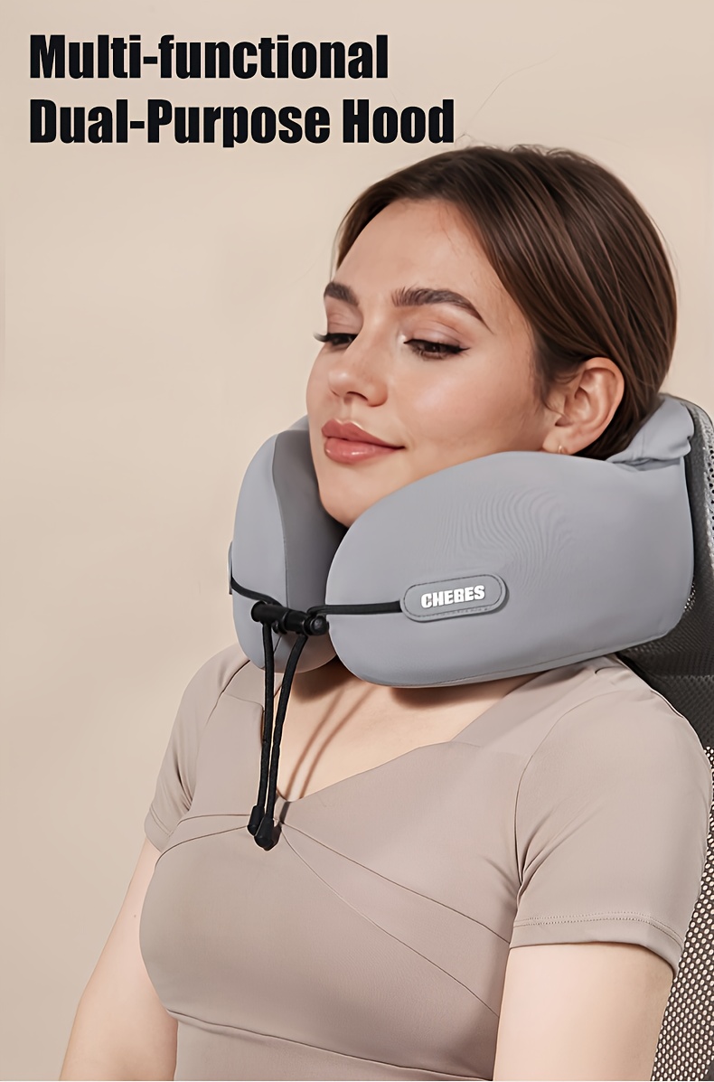 Car Hooded U-Shaped Neck Pillow, Adjustable Hooded U-Shaped Neck Pillow, Portable for Airplane Travel, Ice Sliky Fiber Fabric Slow Rebound U-Shaped Neck Pillow with Storage Bag