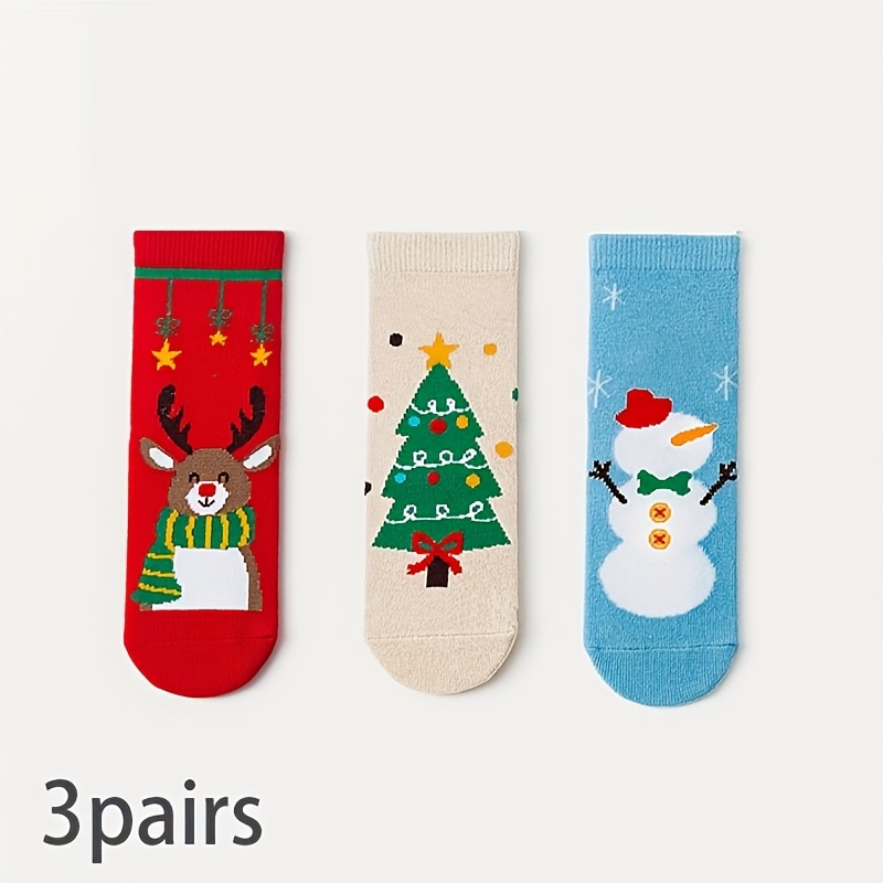 Image of 3 Pairs Of Christmas Socks For Children, Autumn And Winter, Big Red Festive Fashion Socks, Snowman, Christmas Tree, Cute Cartoon, Boys And Girls, Holiday Socks