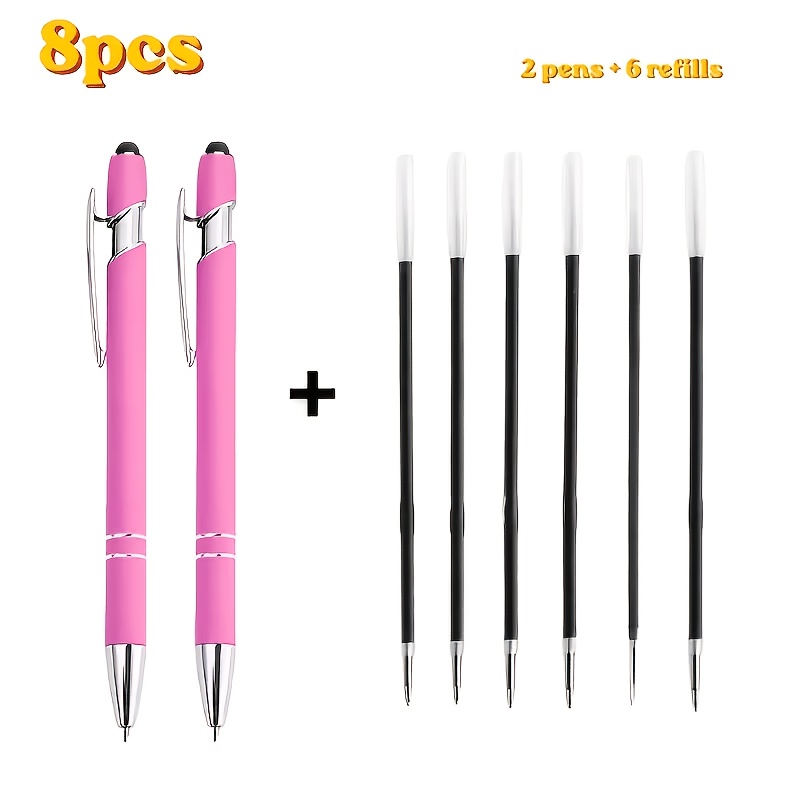 TEMU 8pcs Premium Pink Ballpoint Pen Set, Smooth Writing, 2 Pens + 6 Refills, With Touch Screen Stylus Tip, Suitable For Multiple Uses, Features A