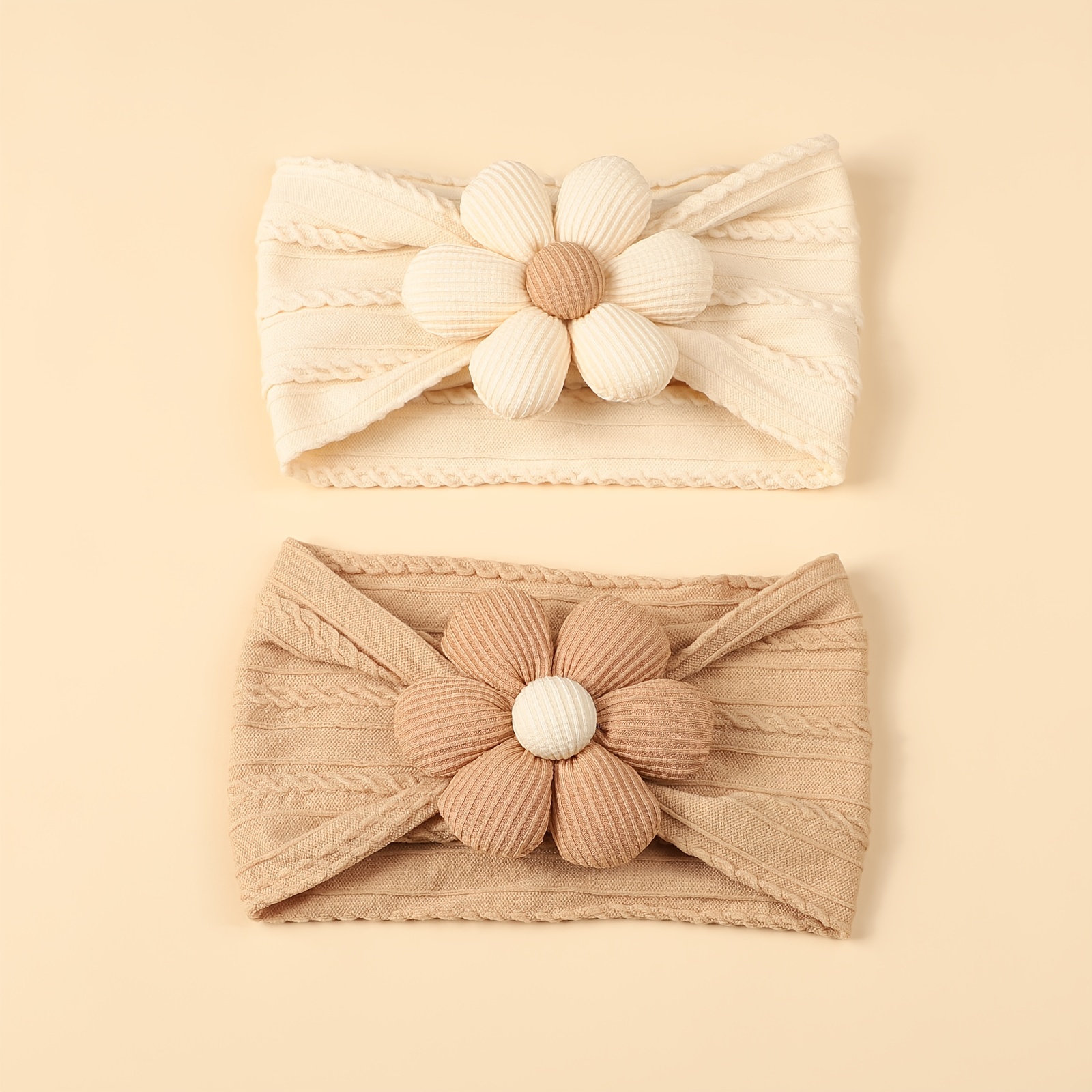 A Set Of 2 Beige And Brown Floral Nylon Headbands For And, Suitable For